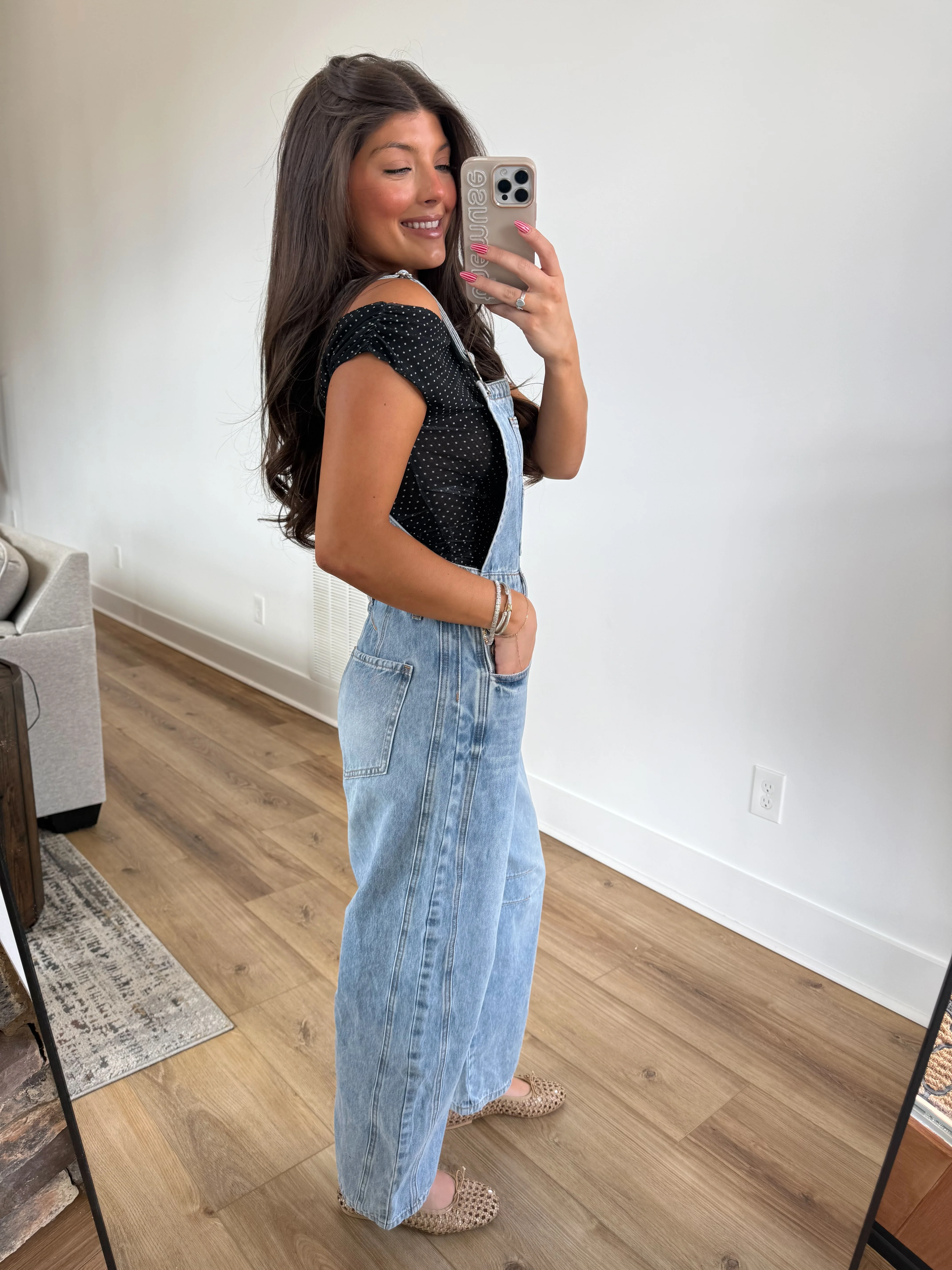 Light Wash Barrel Denim Overalls - Image 3
