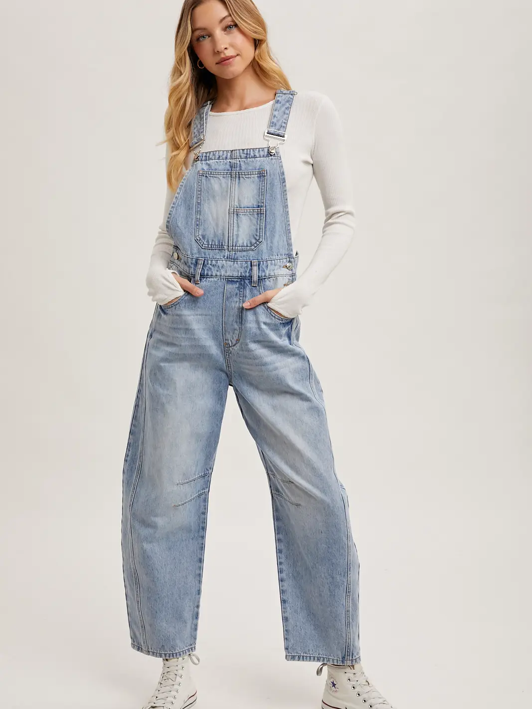 Light Wash Barrel Denim Overalls - Image 7