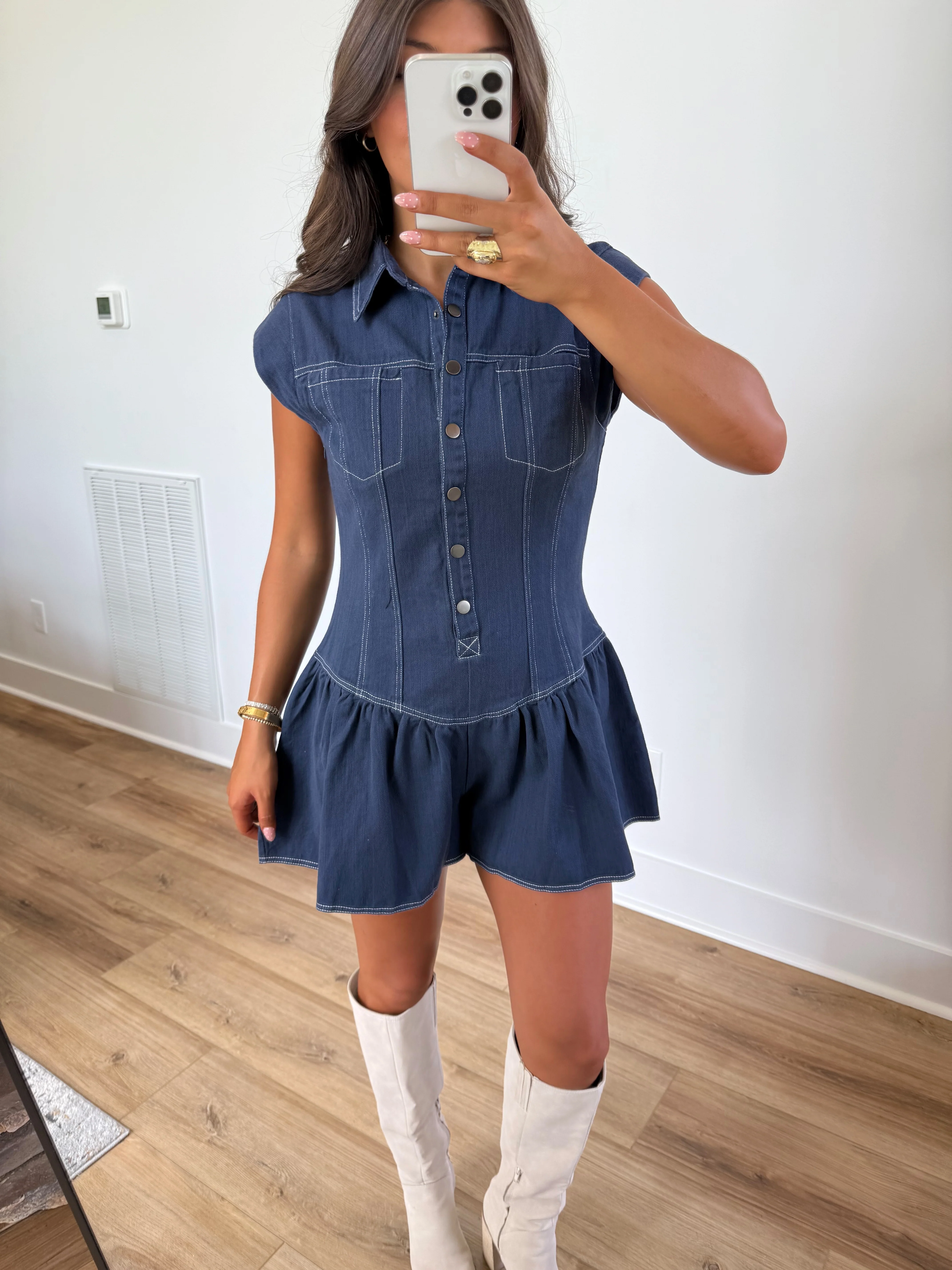 Navy Denim Flare Romper - Image 2