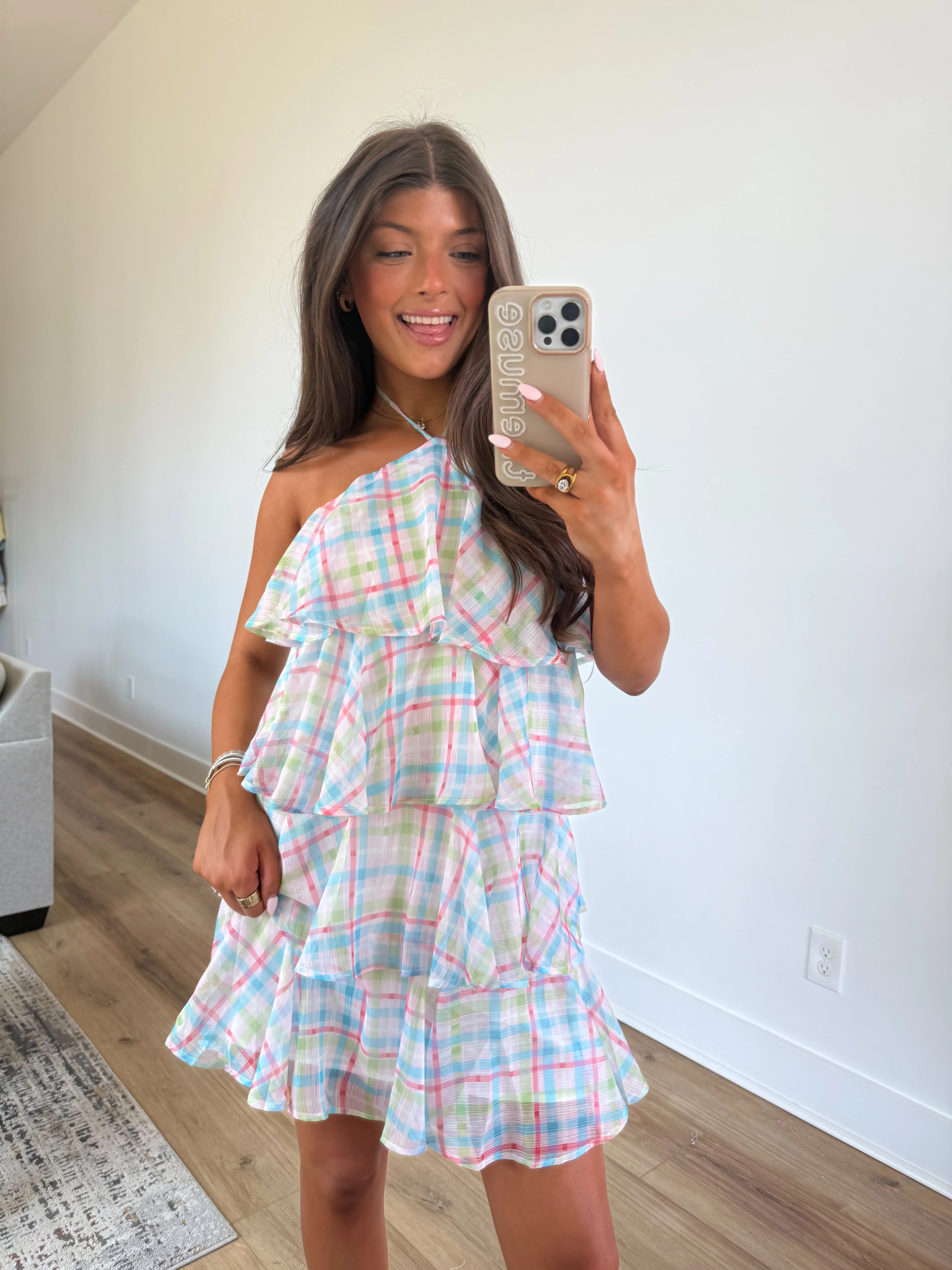 Pastel Plaid Ruffle Mini Dress - Image 3