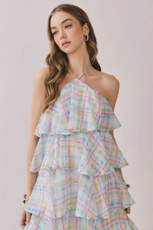 Pastel Plaid Ruffle Mini Dress - Image 5