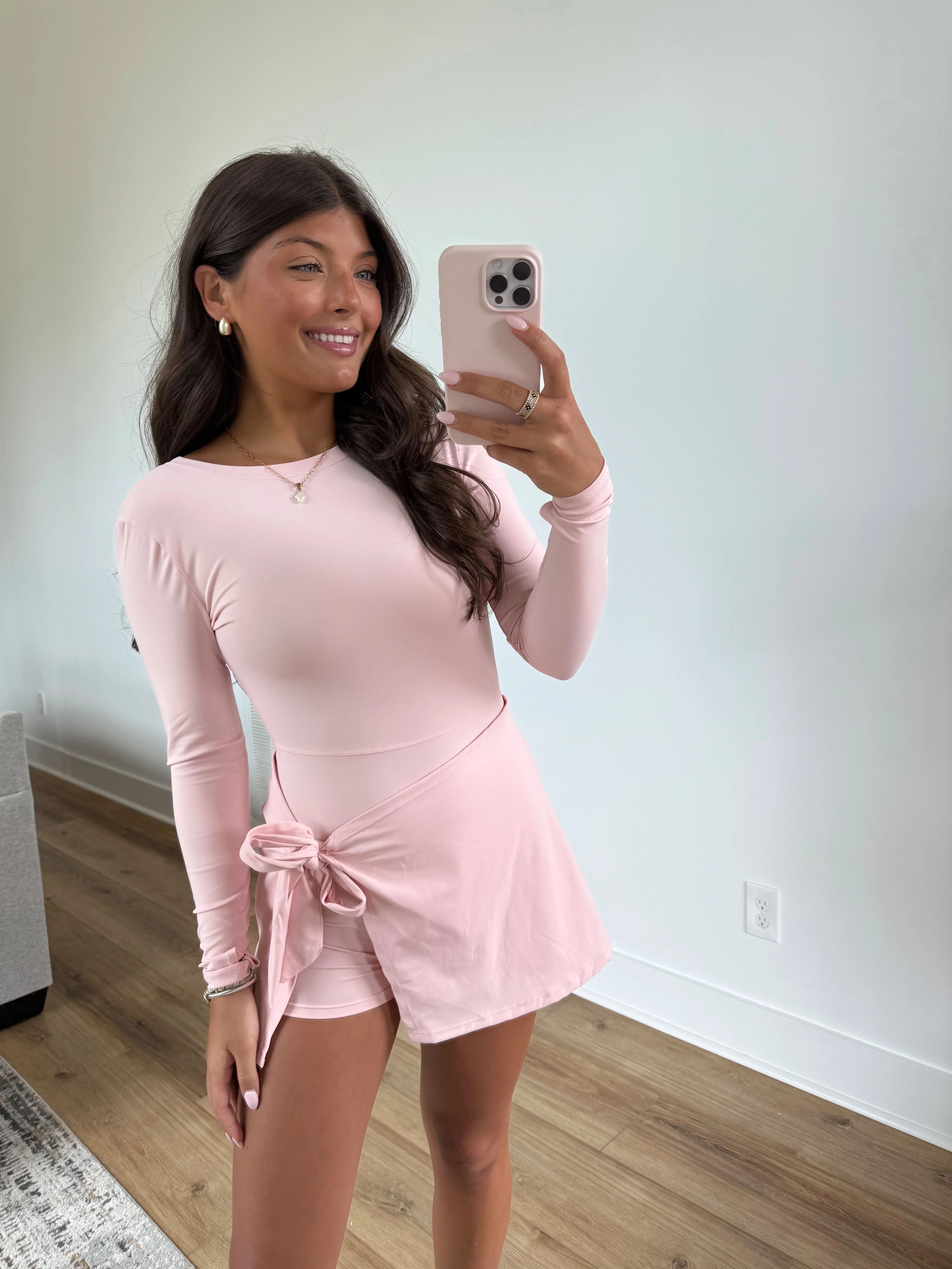 Pink Long Sleeve Wrap Romper