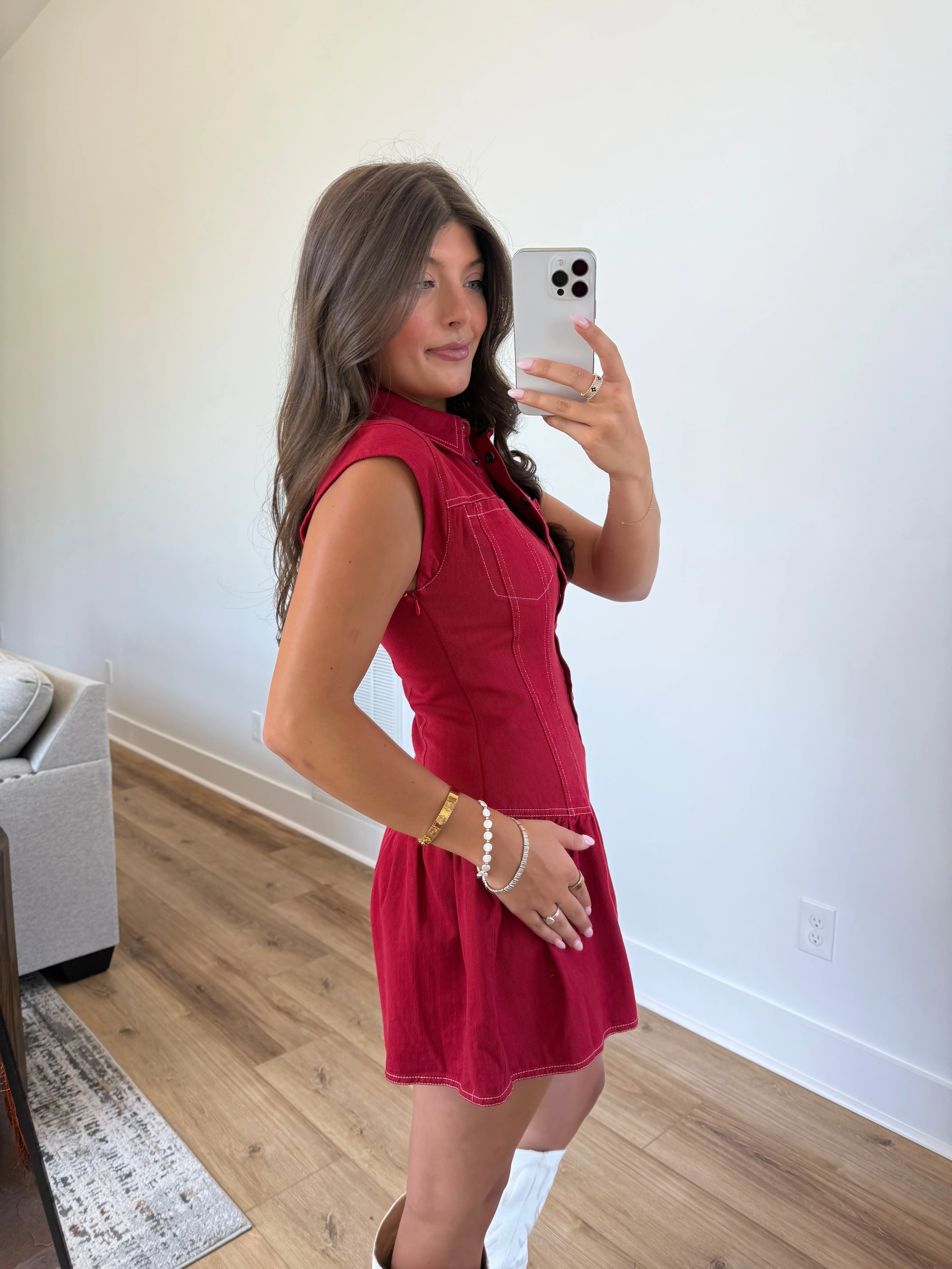 Red Denim Flare Romper - Image 2