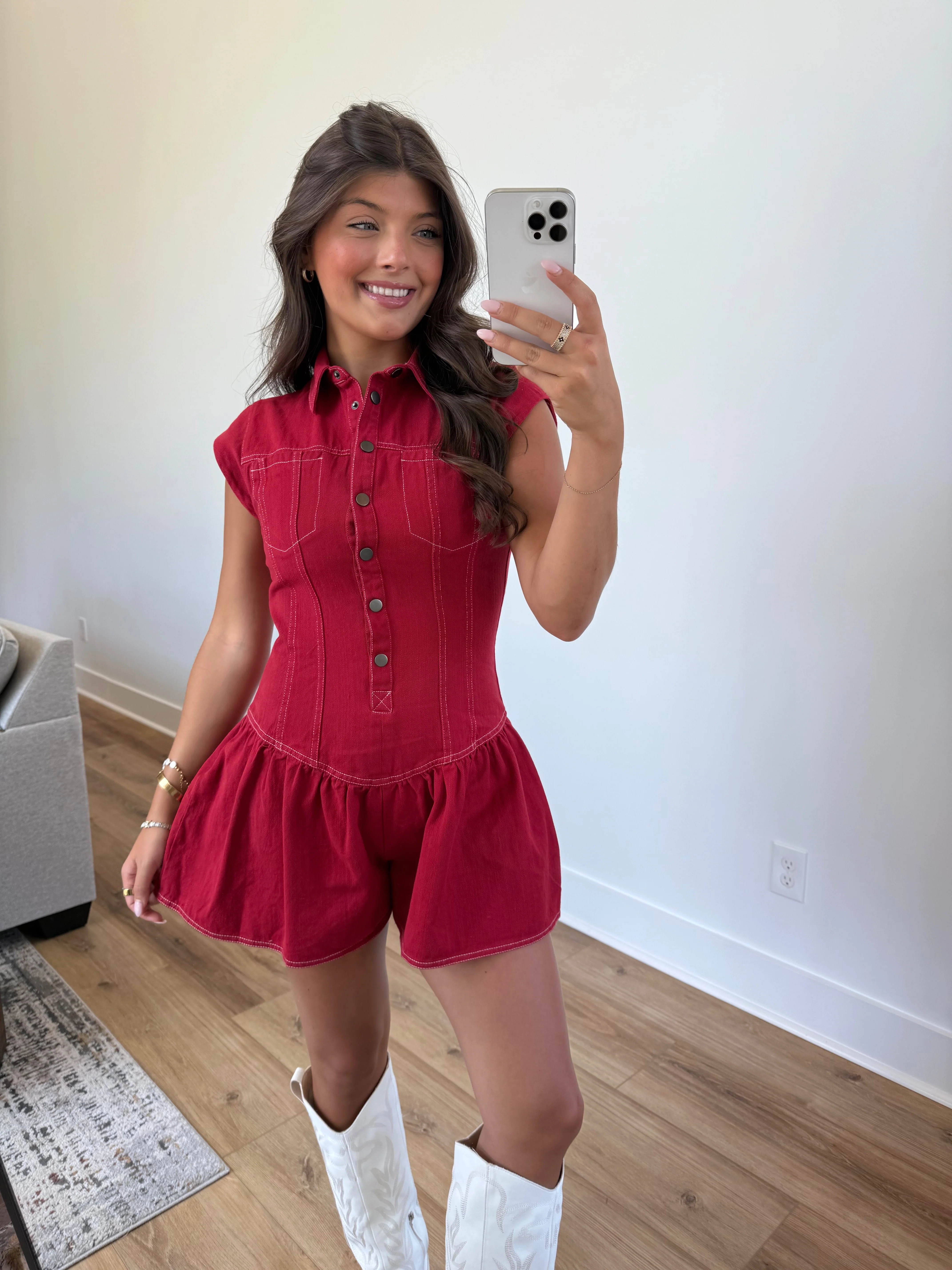 Red Denim Flare Romper - Image 3