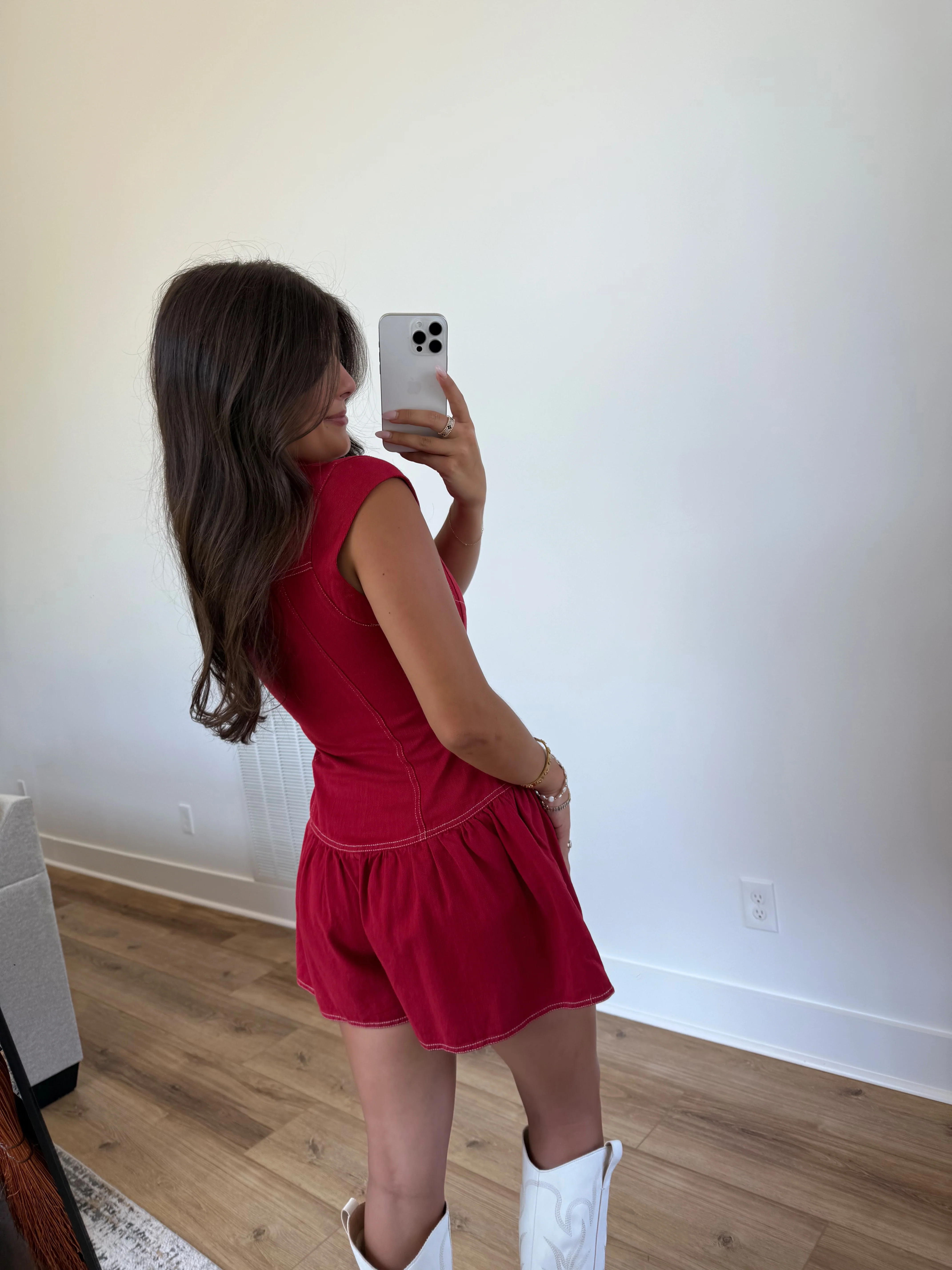Red Denim Flare Romper - Image 4