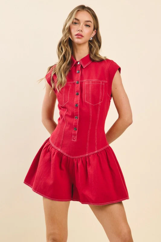 Red Denim Flare Romper - Image 5