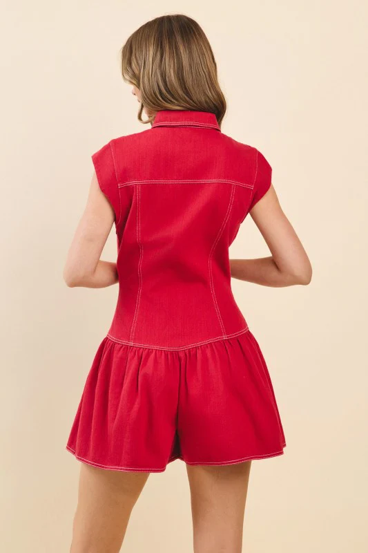 Red Denim Flare Romper - Image 6