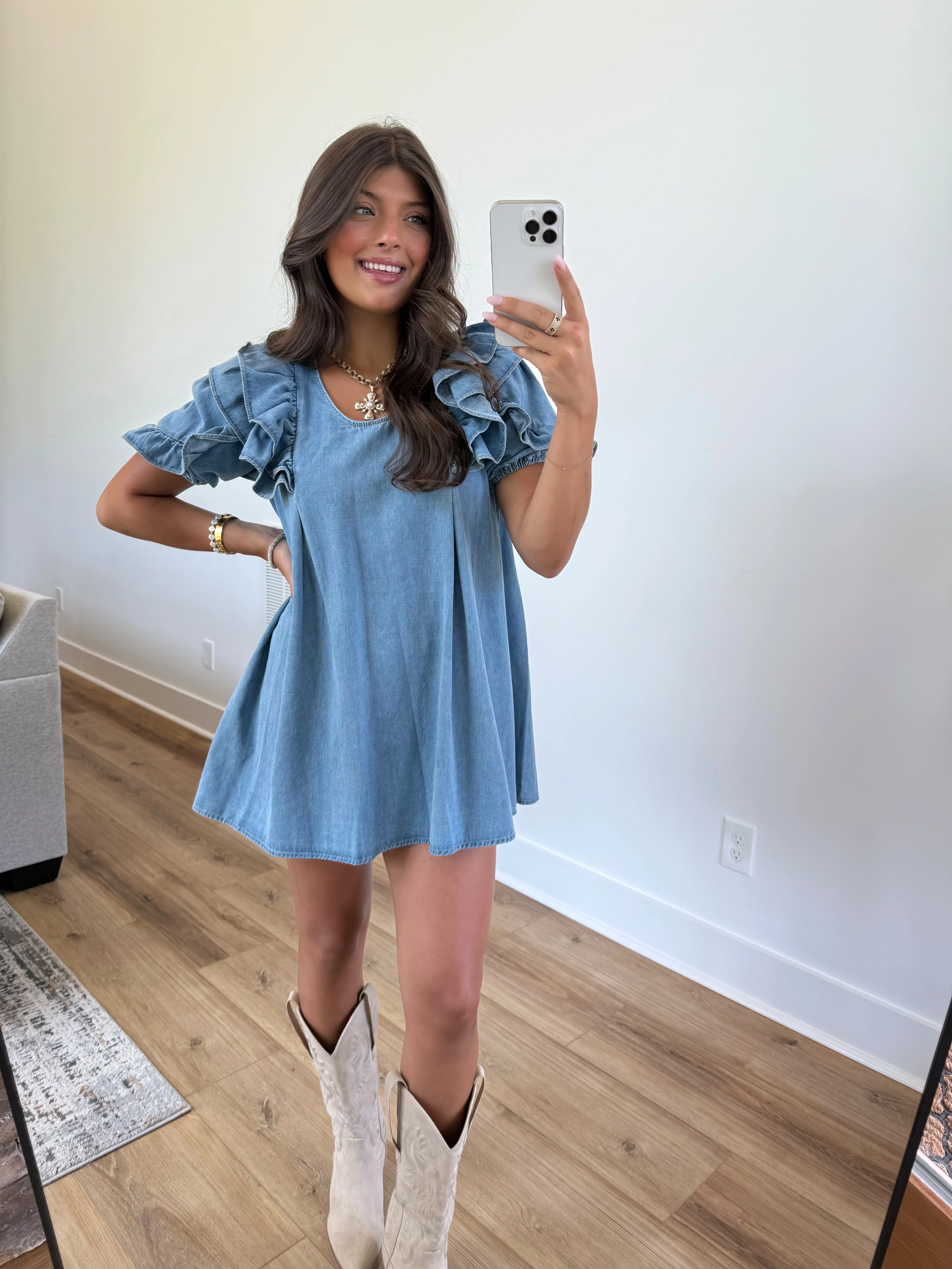 Ruffle Sleeves Mini Denim Dress - Image 2