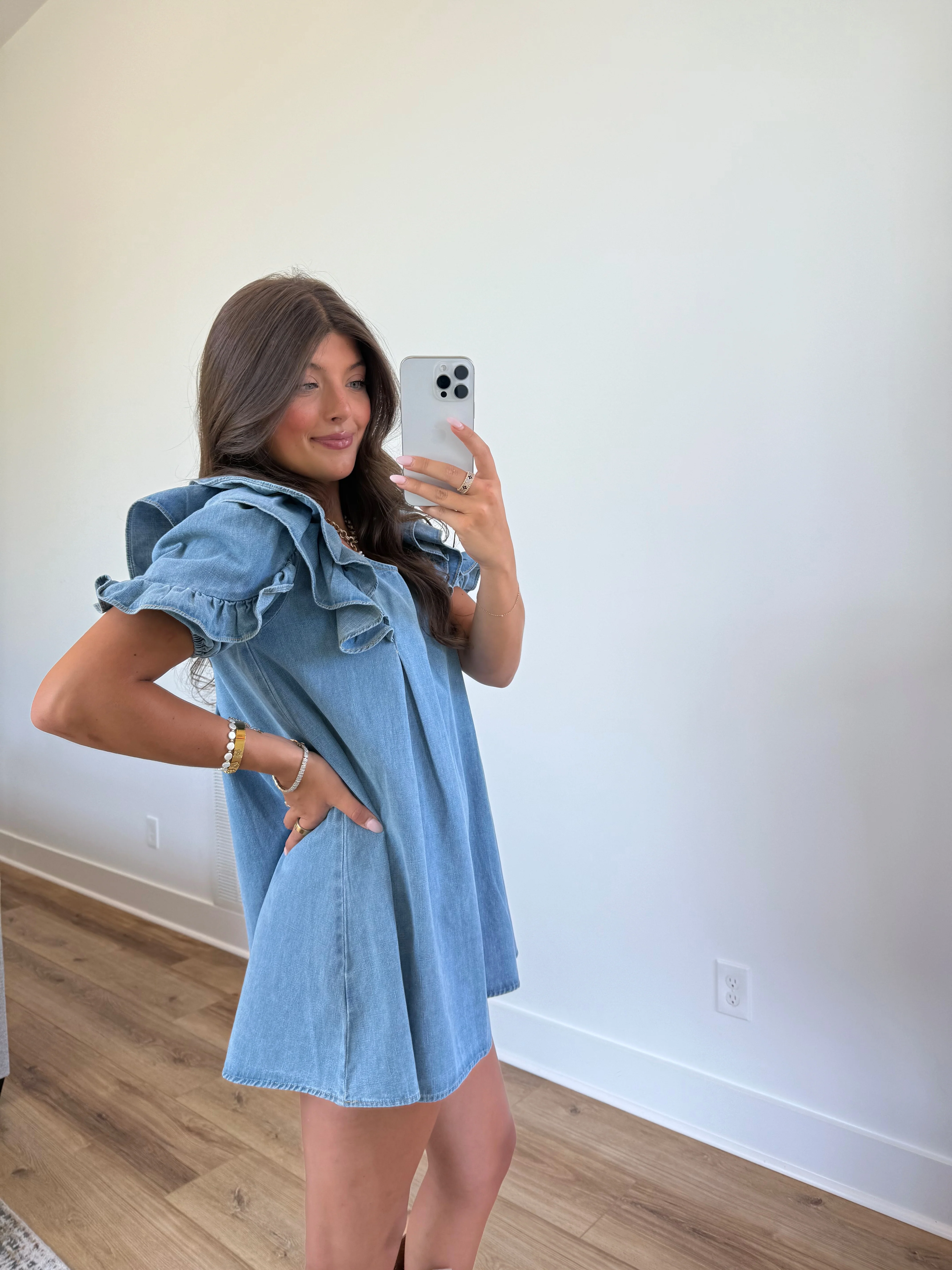 Ruffle Sleeves Mini Denim Dress - Image 3