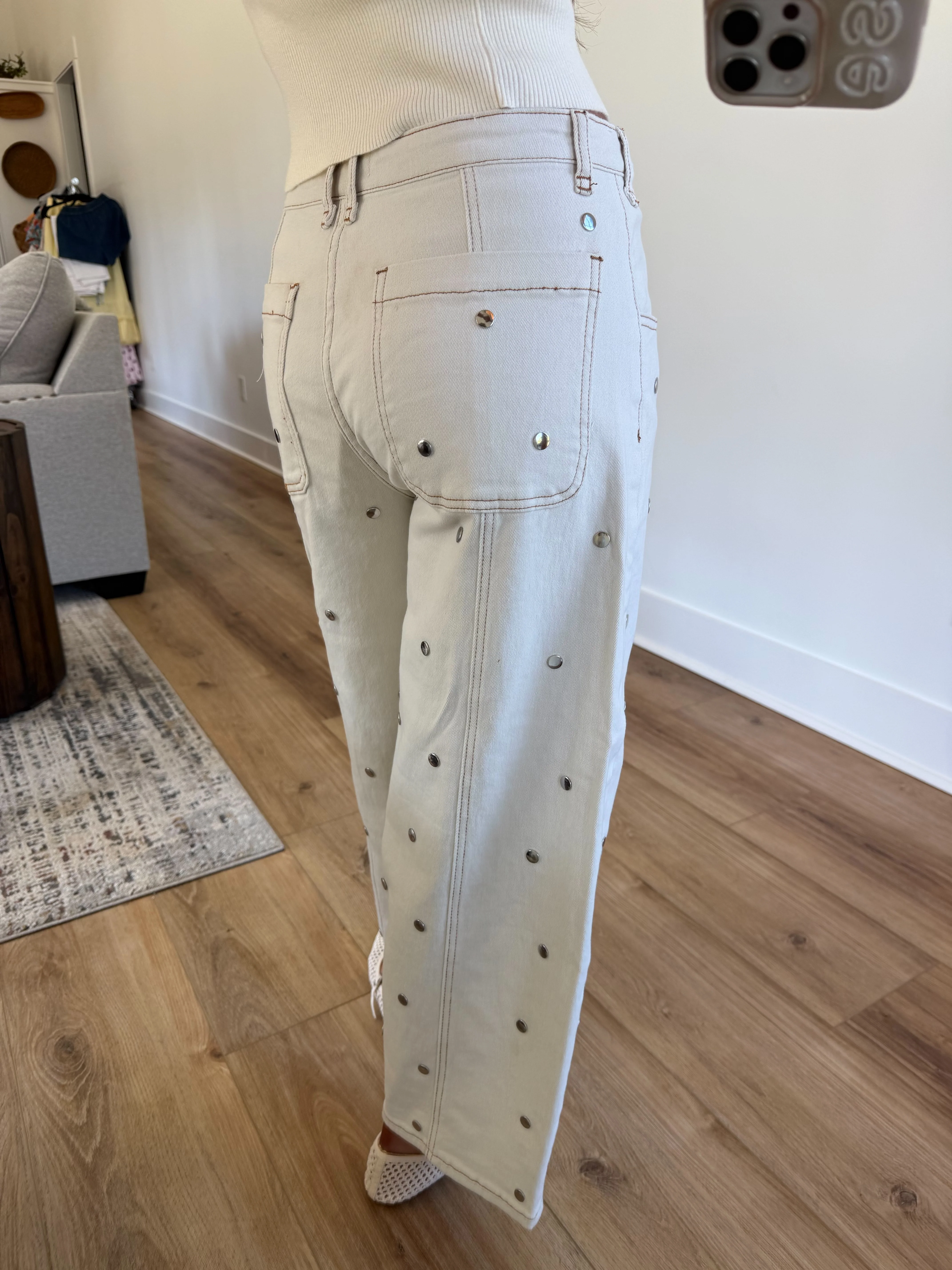 Studded Dot Jeans (Cream) - Image 3