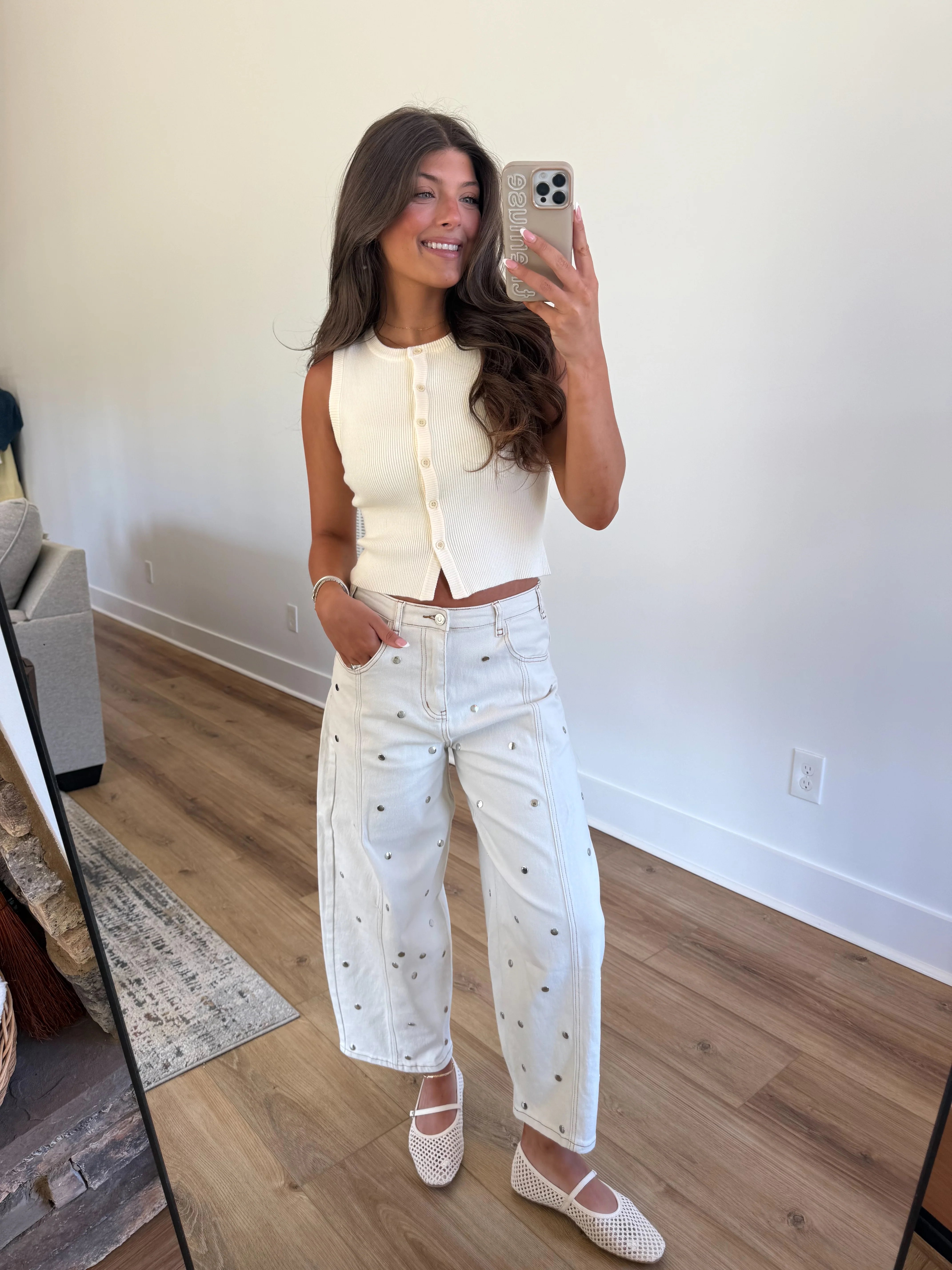 Studded Dot Jeans (Cream) - Image 4