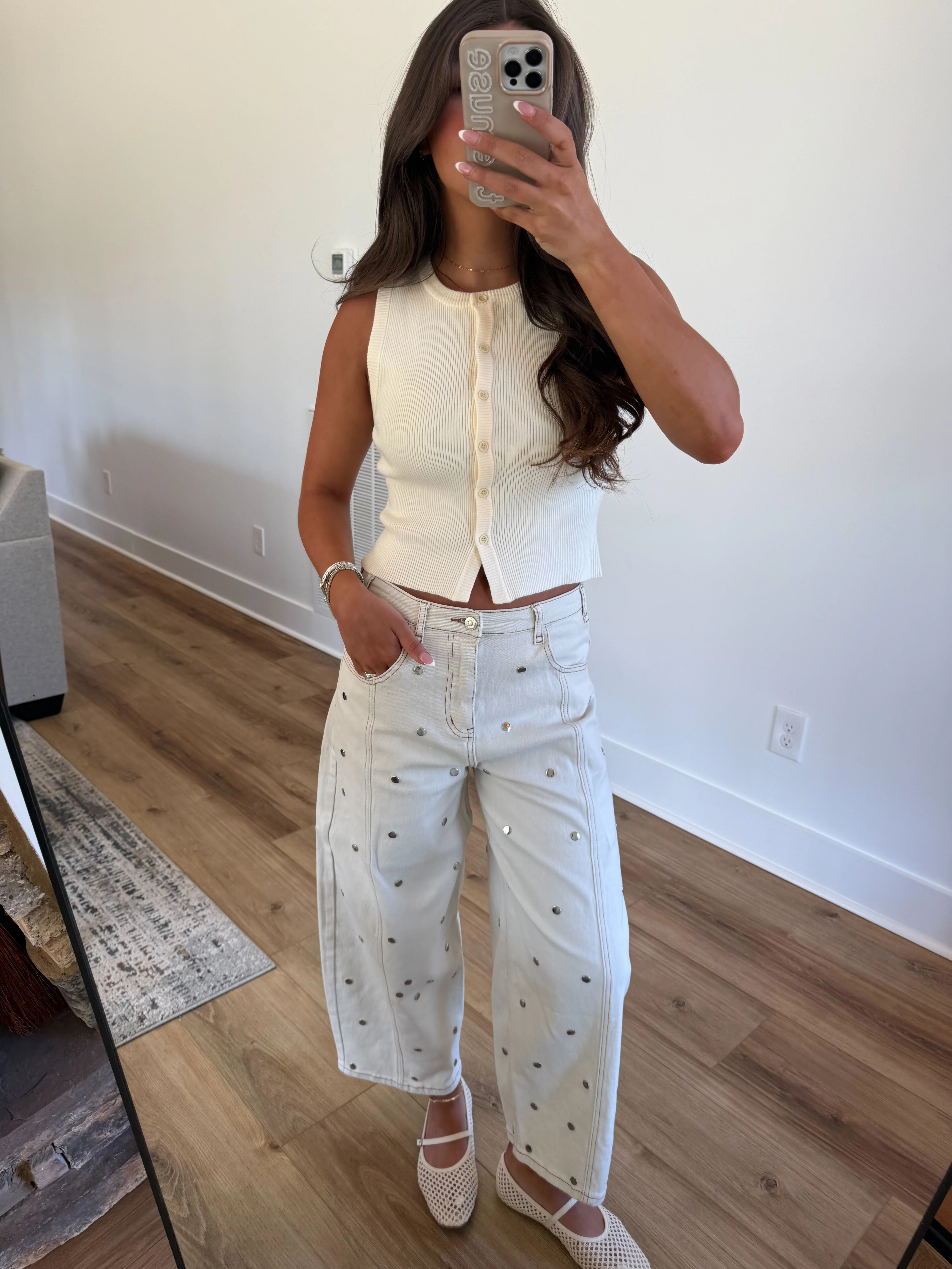 Studded Dot Jeans (Cream) - Image 5