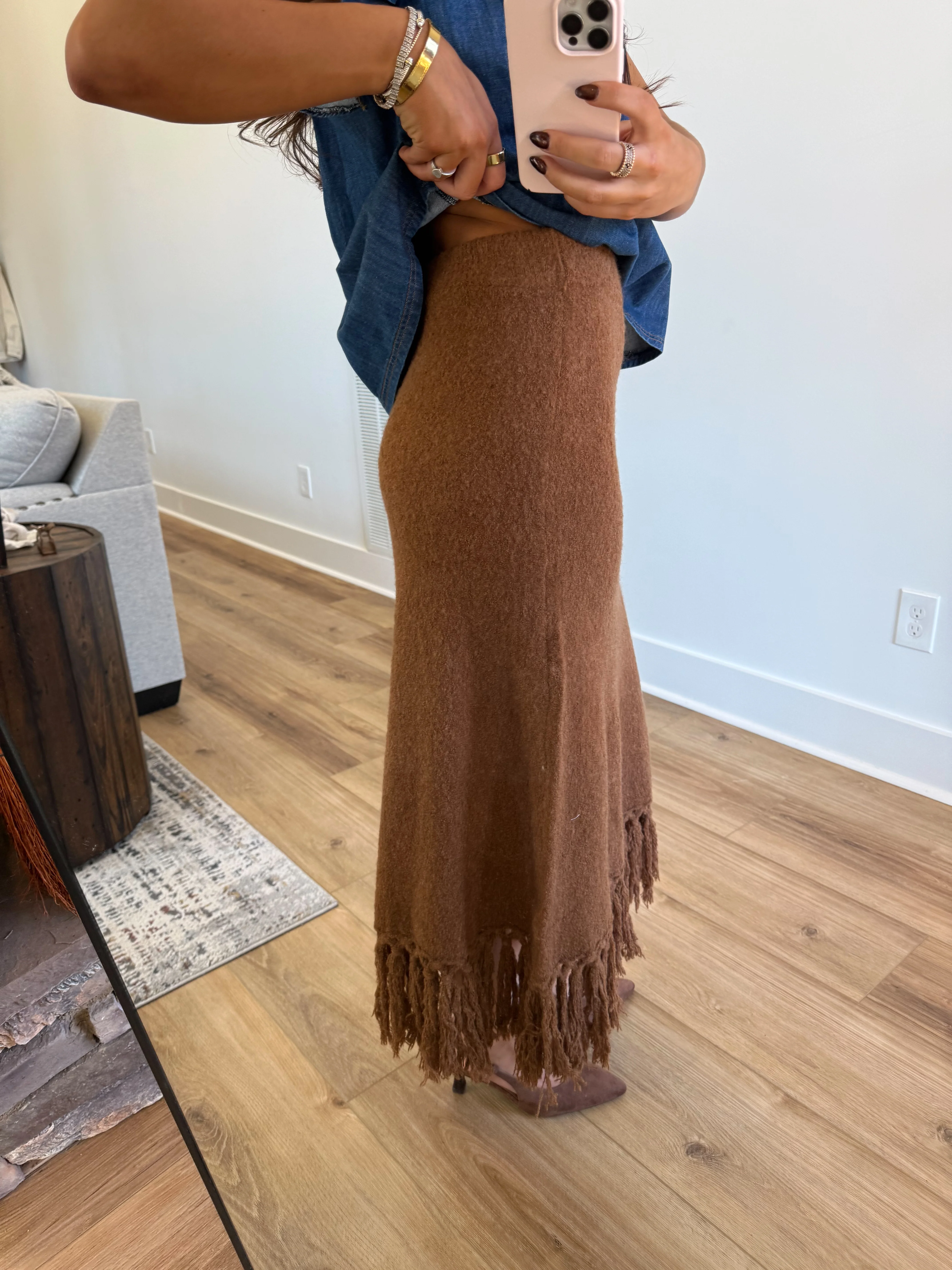 The Caramel Knit Fringe Skirt - Image 3