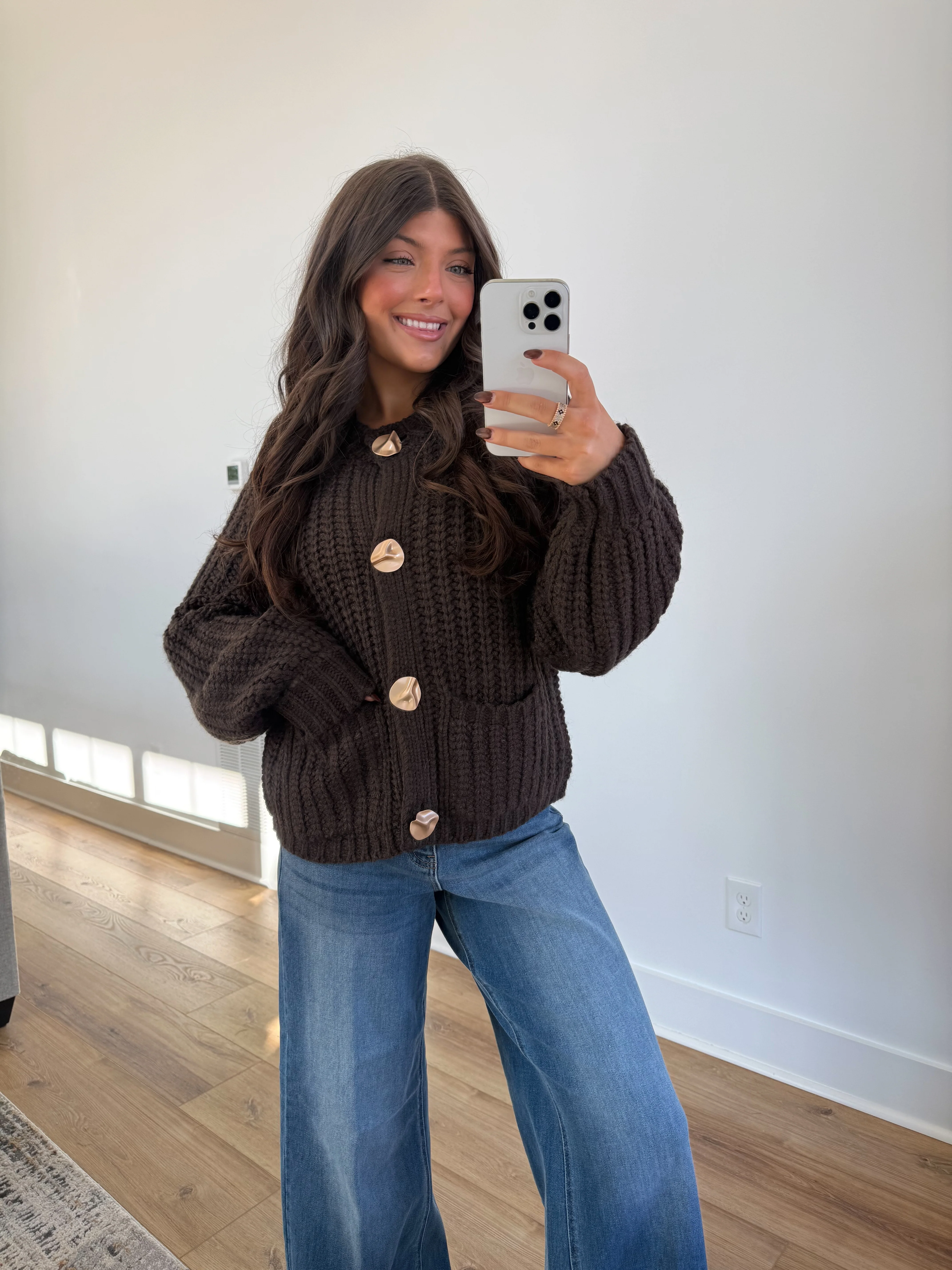 The Golden Button Cardigan (Brown) - Image 2