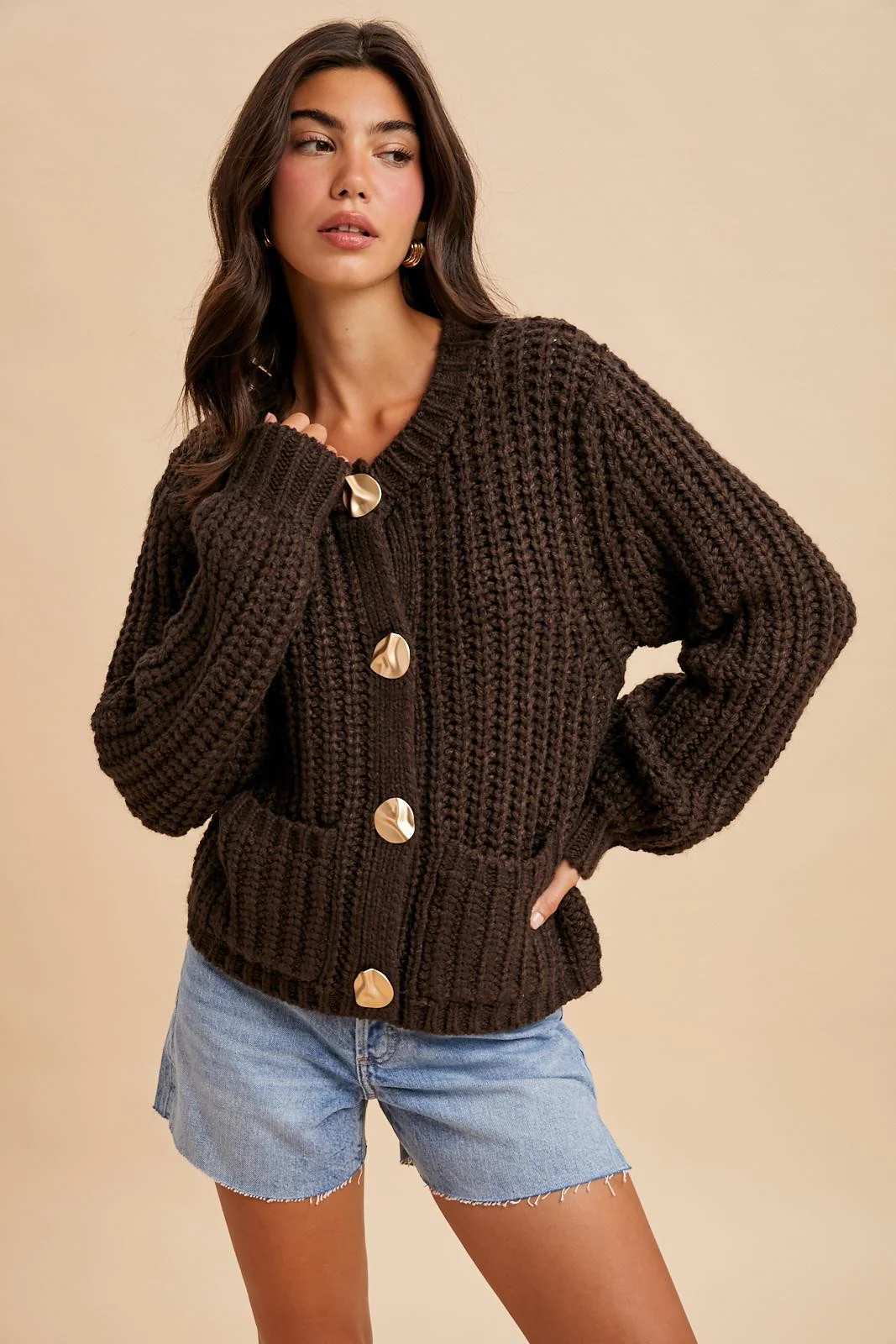 The Golden Button Cardigan (Brown) - Image 7