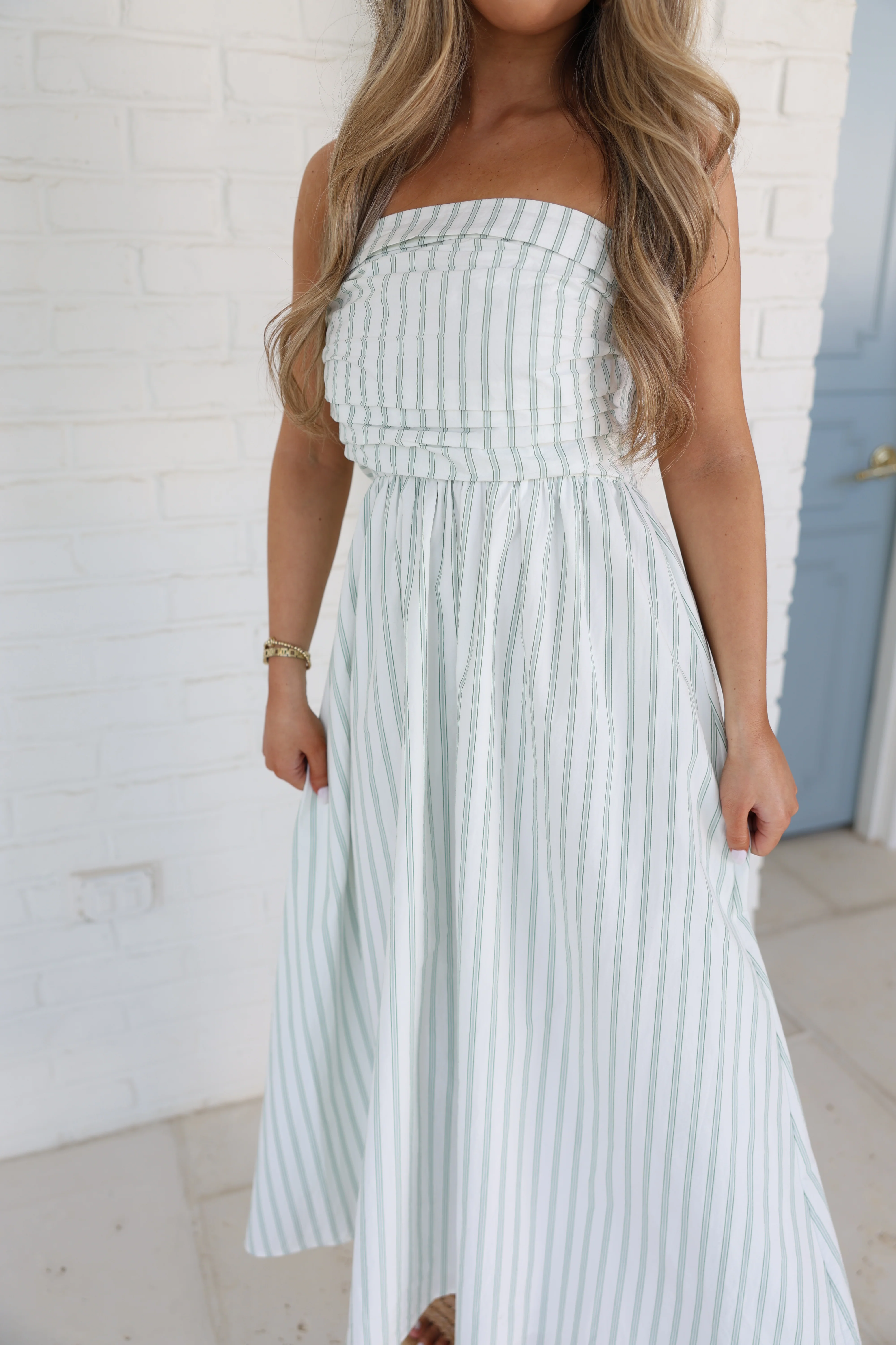 The Nantucket Strapless Dress (Green Stripes) - Image 3