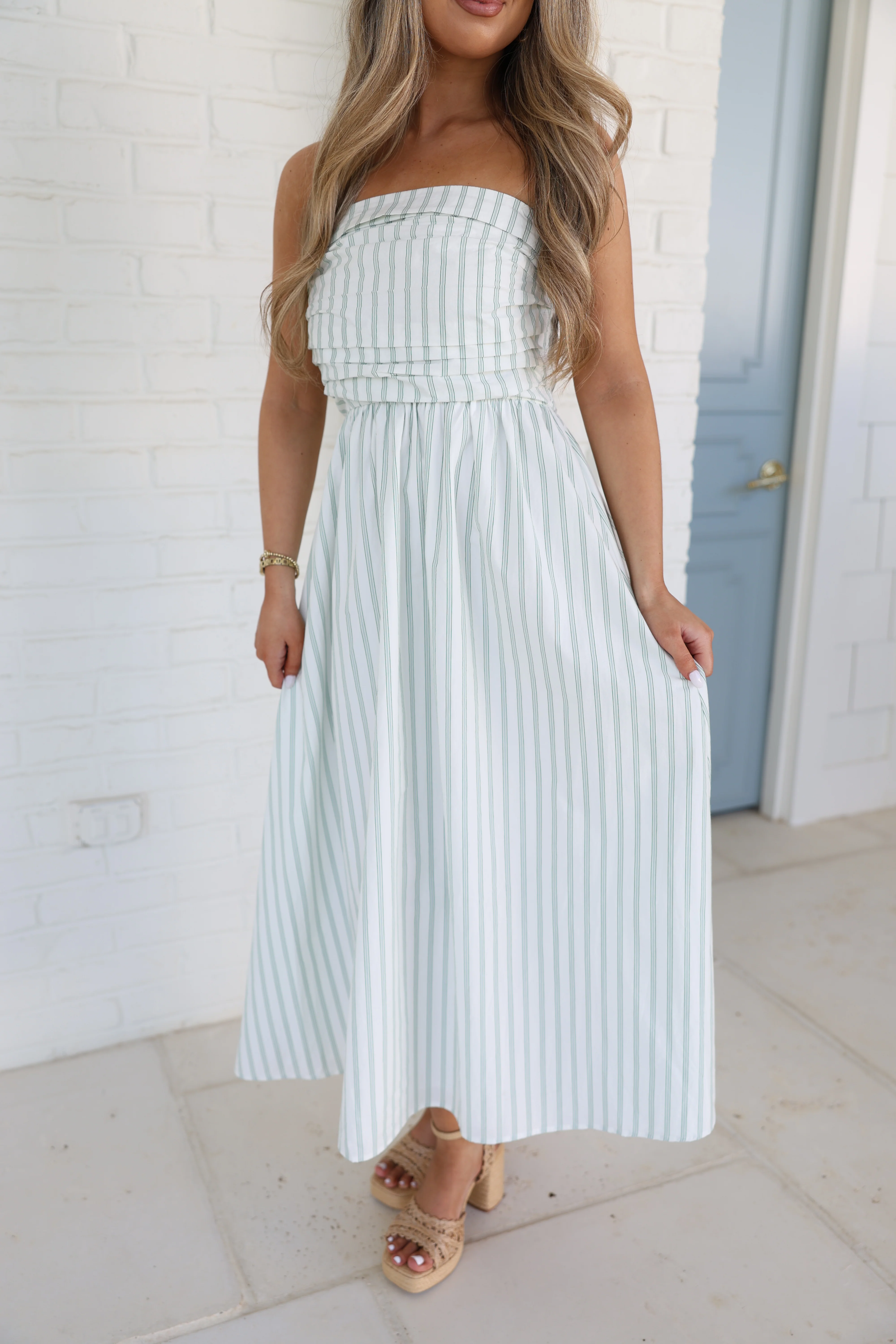 The Nantucket Strapless Dress (Green Stripes) - Image 4