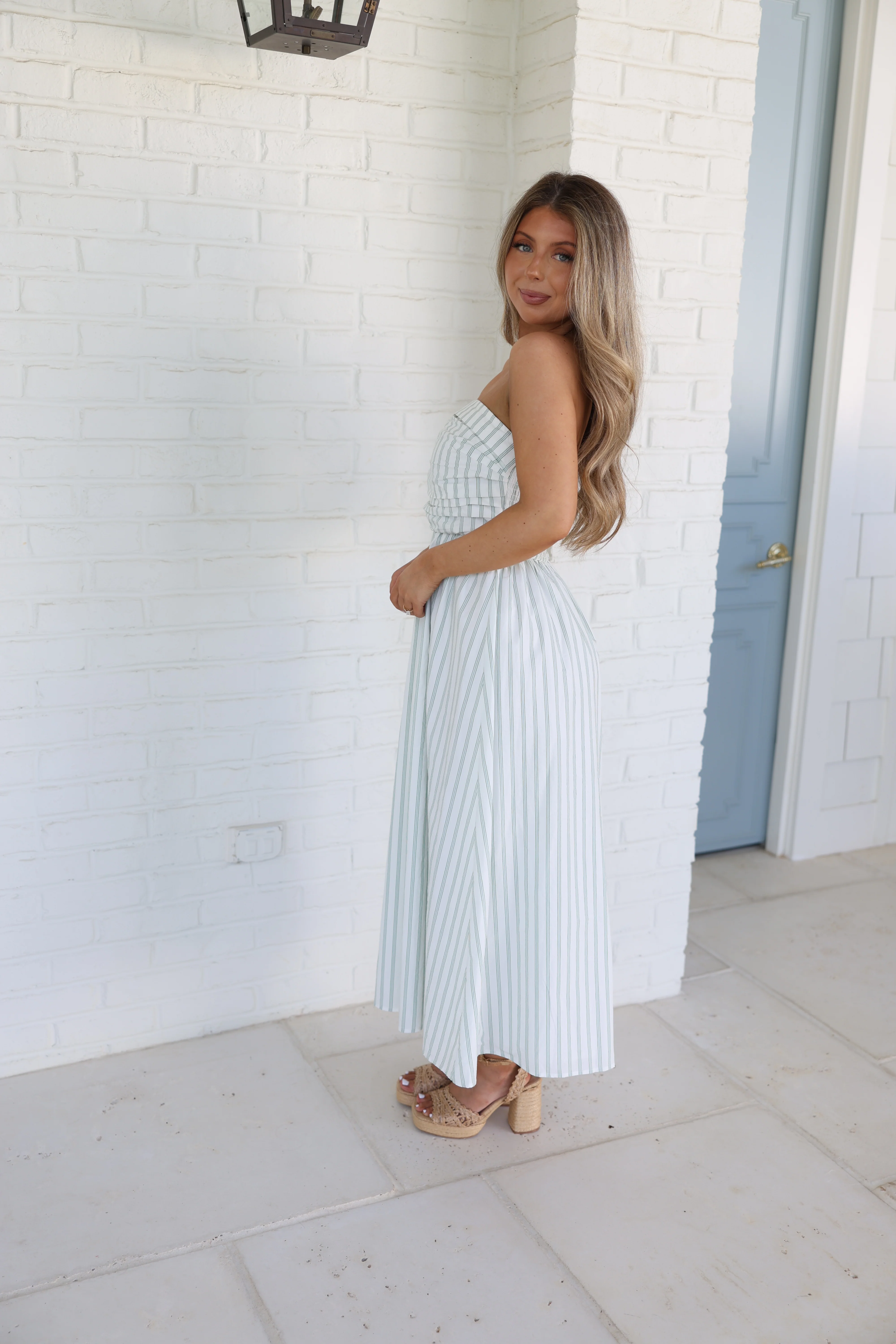 The Nantucket Strapless Dress (Green Stripes) - Image 5