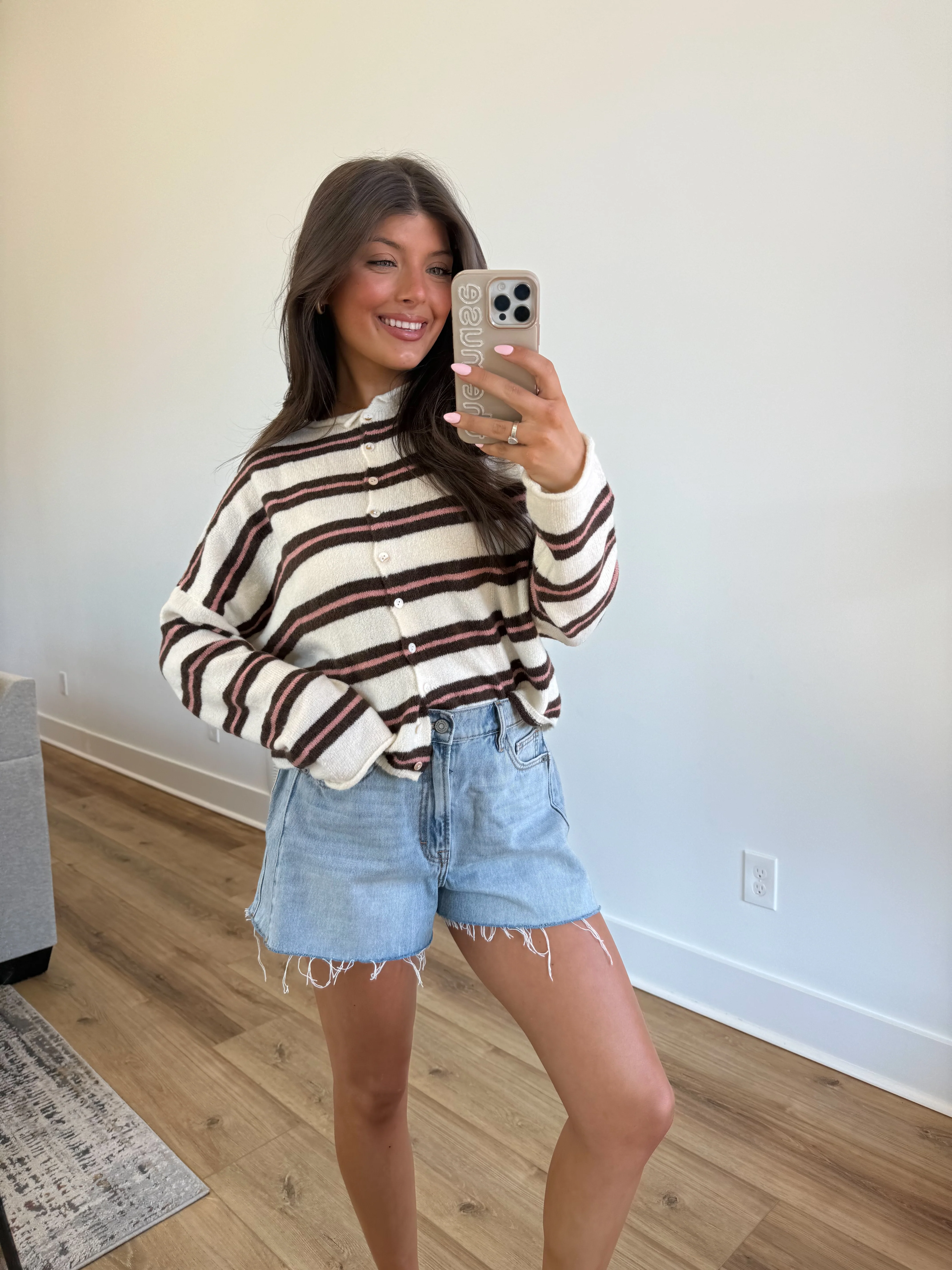 The Stripe Cardigan (Cream/Brown/Pink) - Image 3