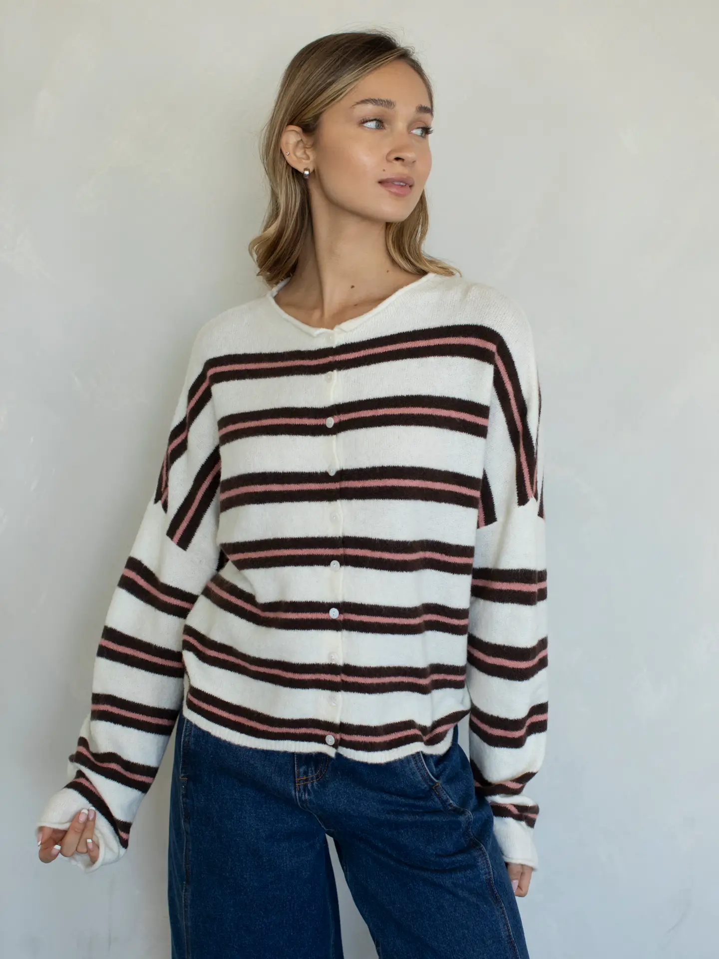 The Stripe Cardigan (Cream/Brown/Pink) - Image 6