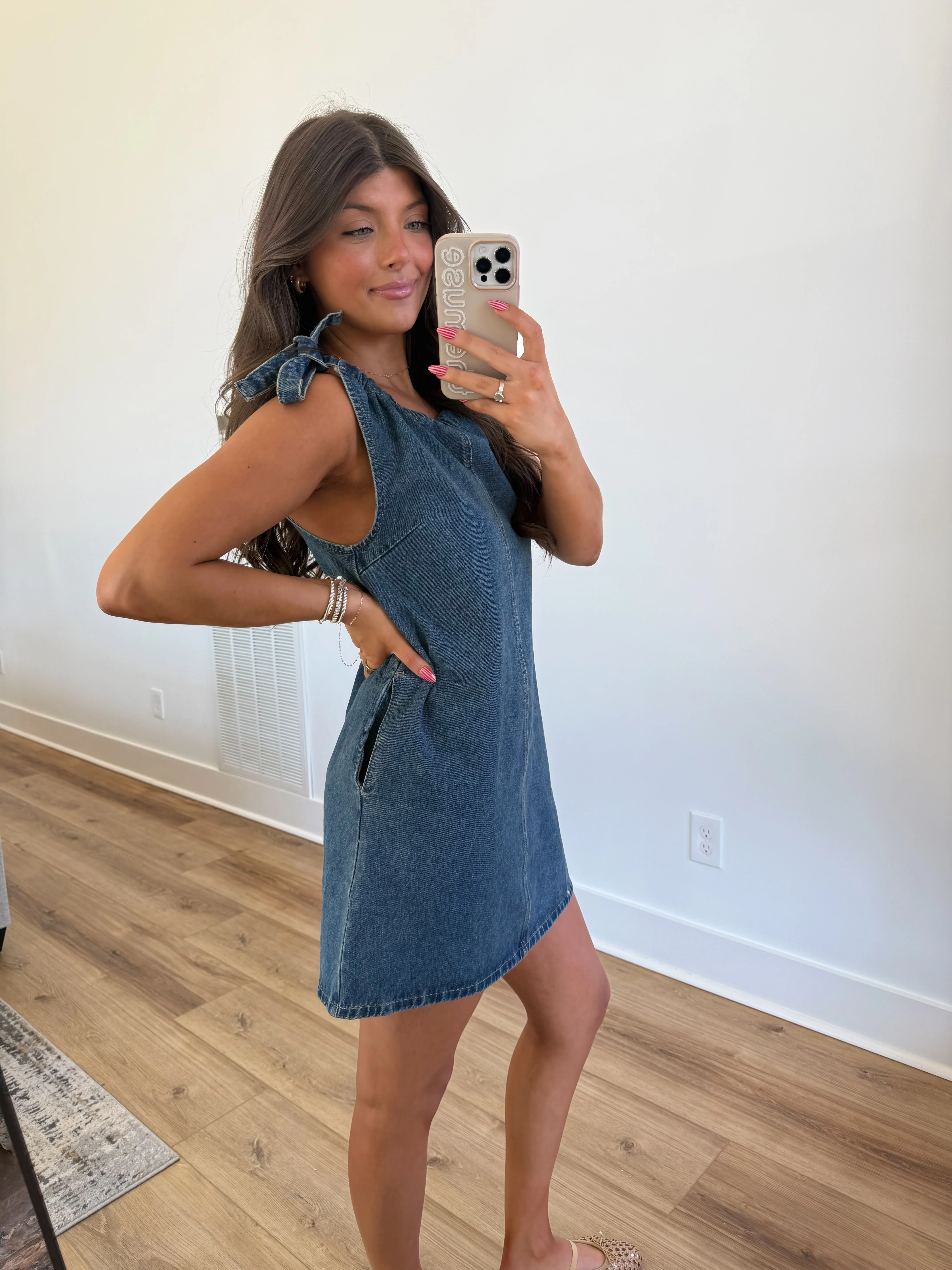 Tie Shoulder Denim Dress - Image 2
