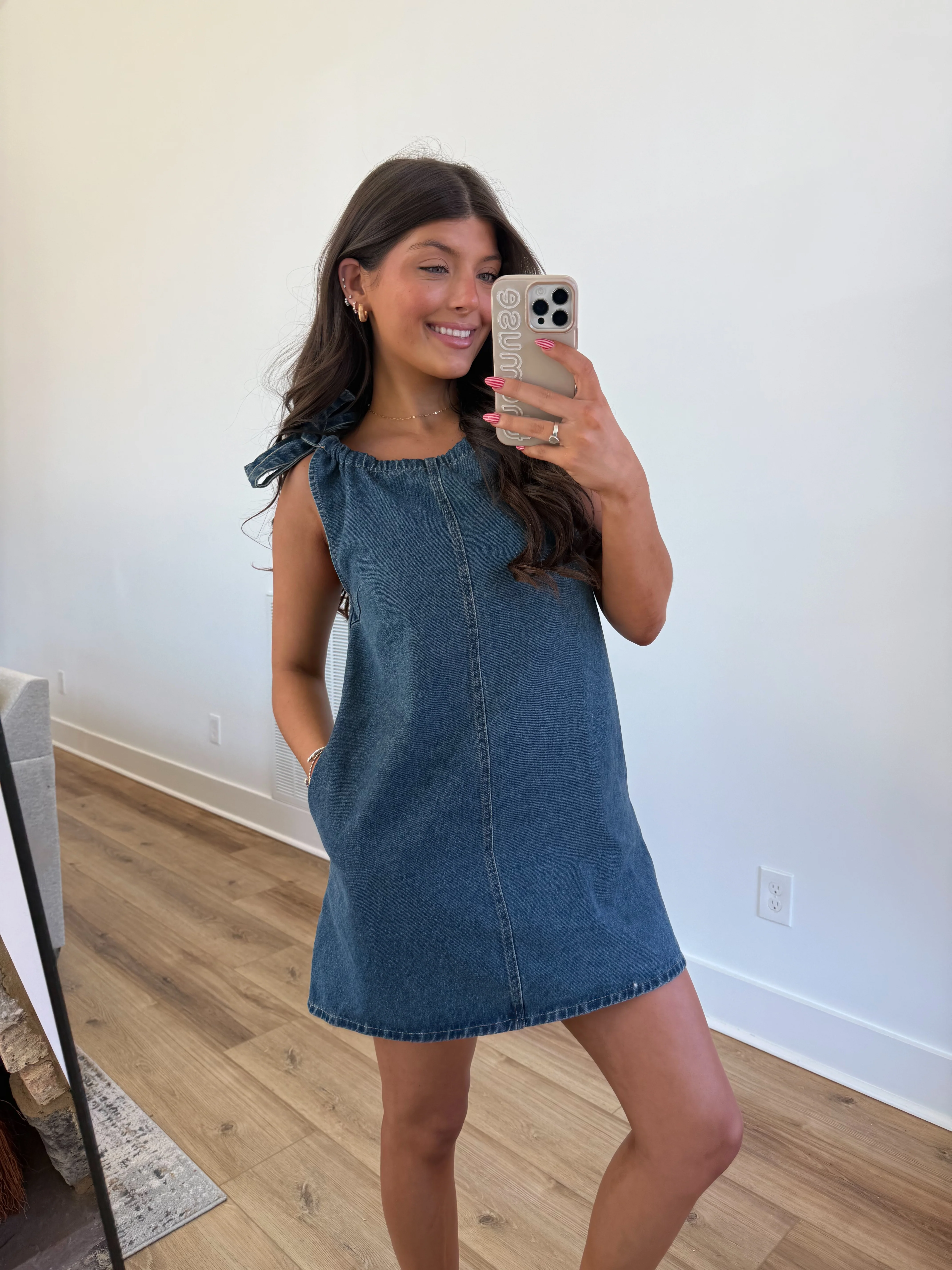 Tie Shoulder Denim Dress - Image 4