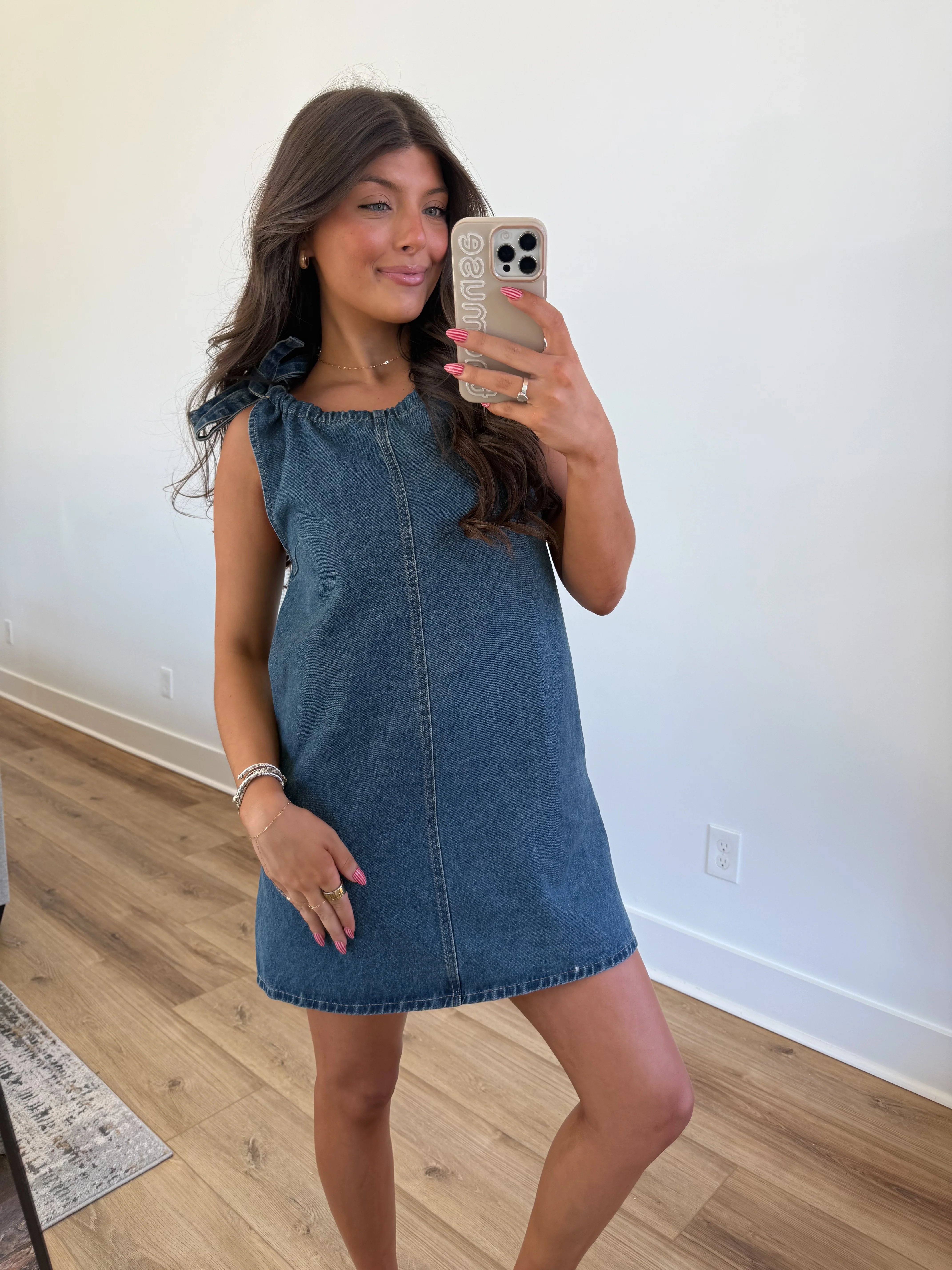 Tie Shoulder Denim Dress - Image 6