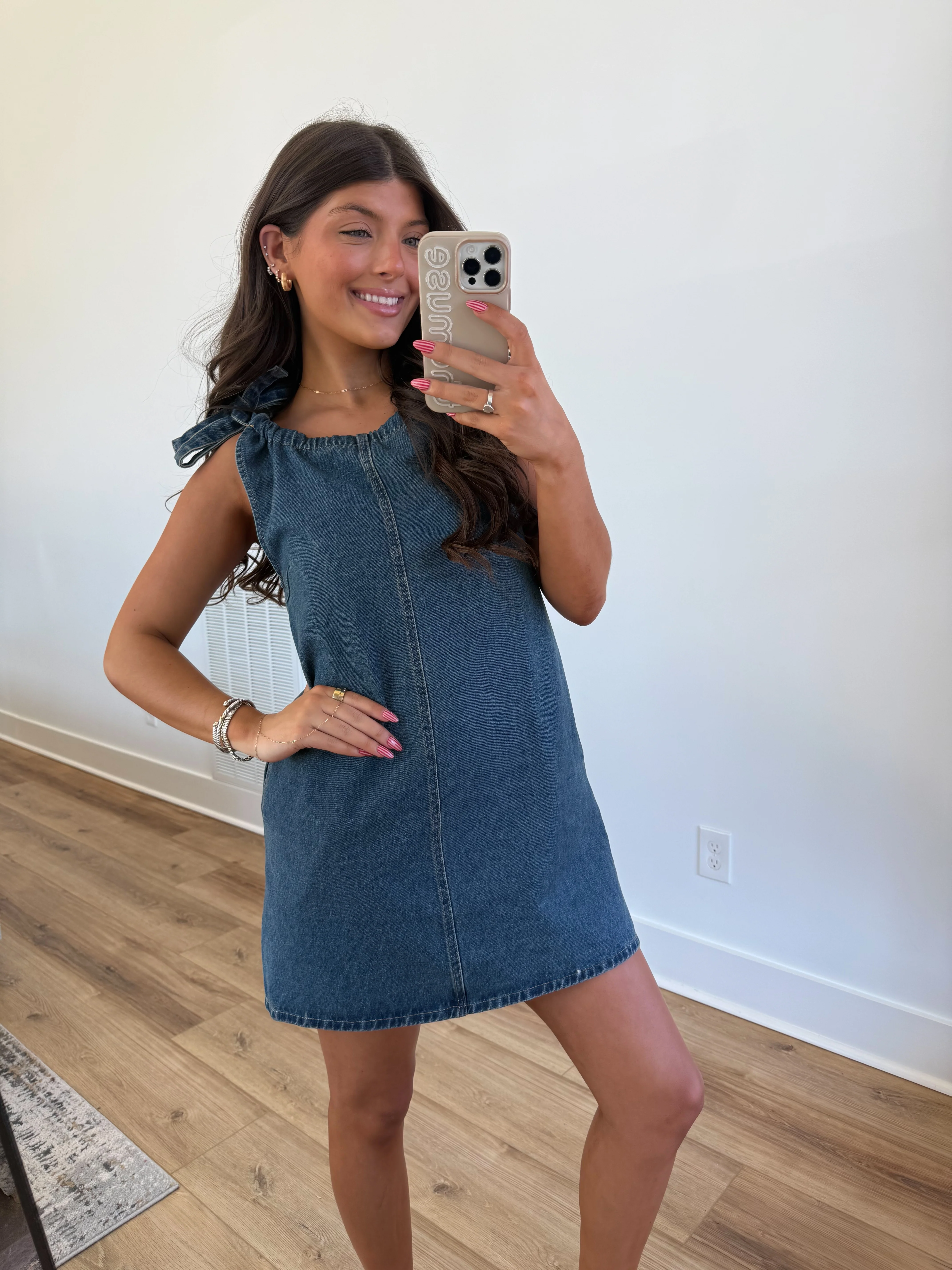 Tie Shoulder Denim Dress - Image 7