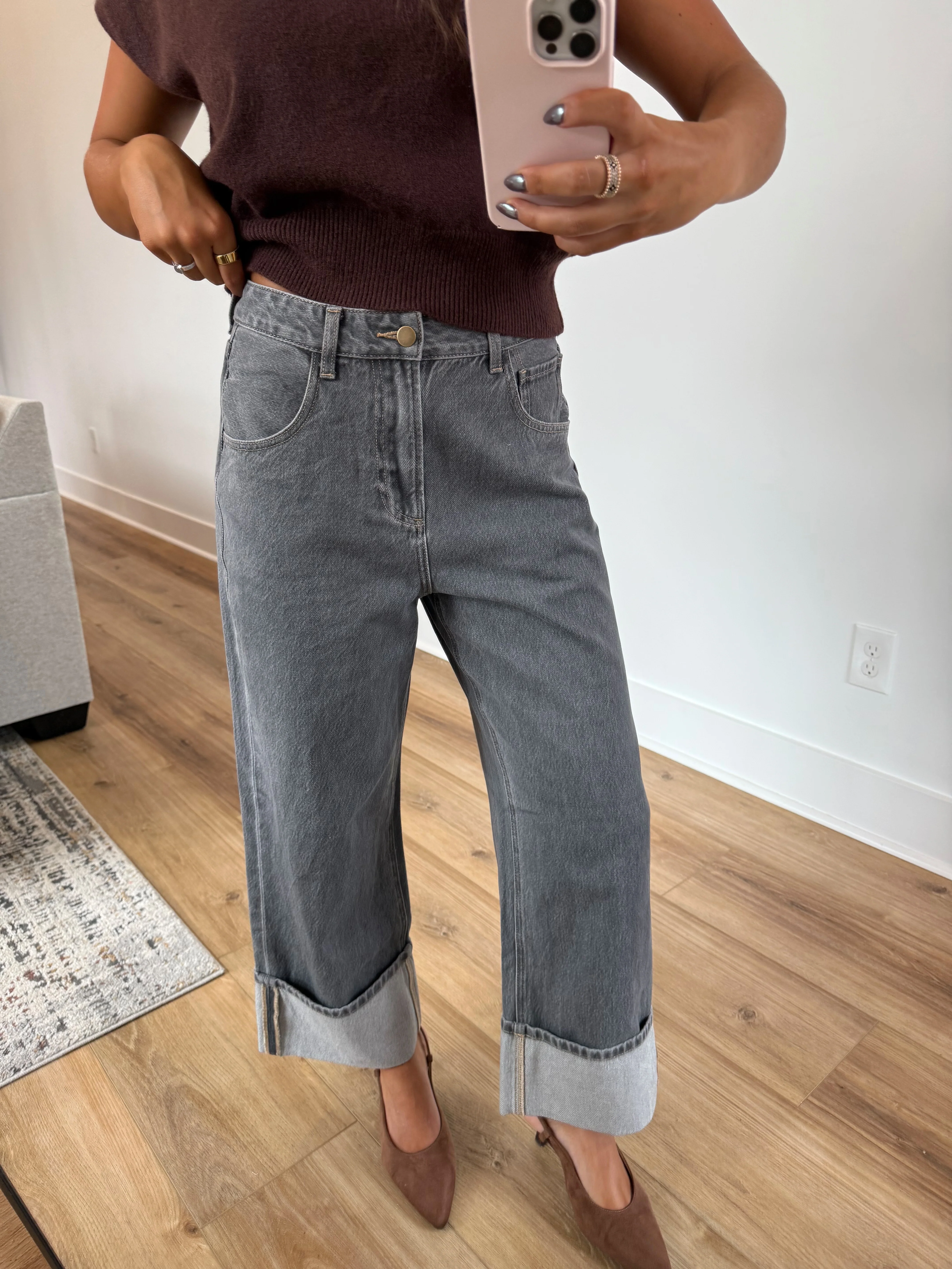 Washed Grey Cuffed Jeans