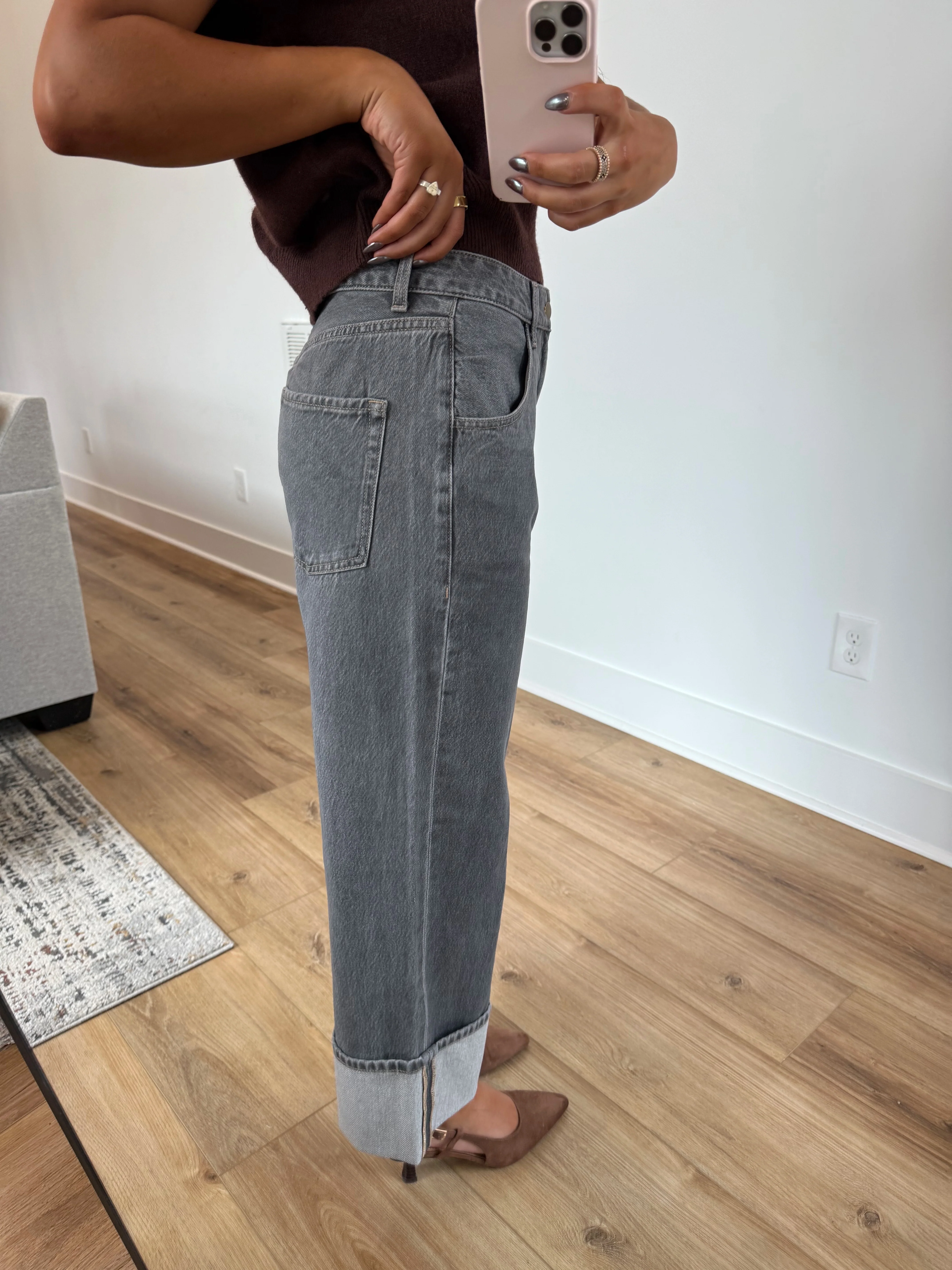 Washed Grey Cuffed Jeans - Image 3