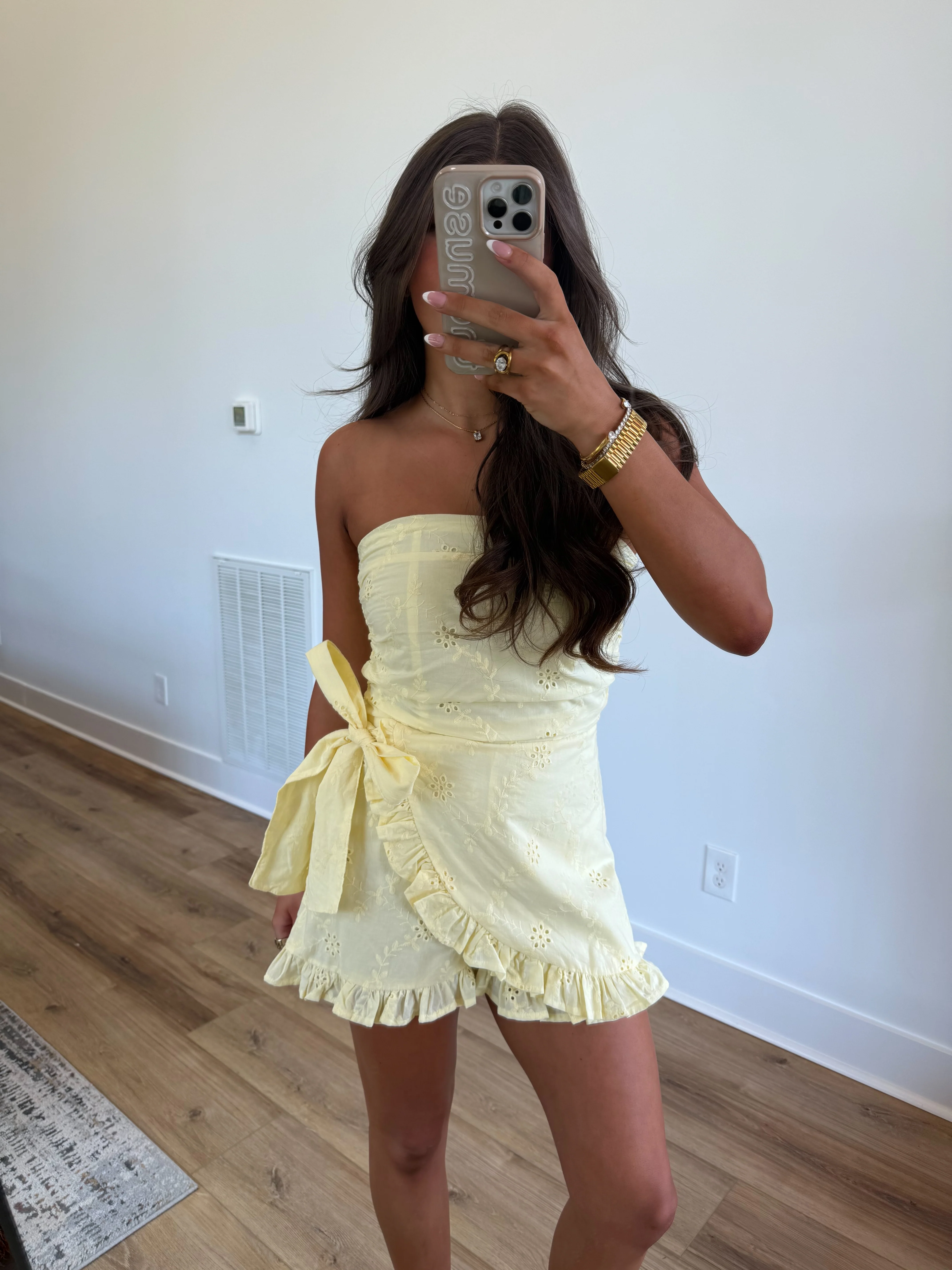 Yellow Eyelet Wrap Romper - Image 2